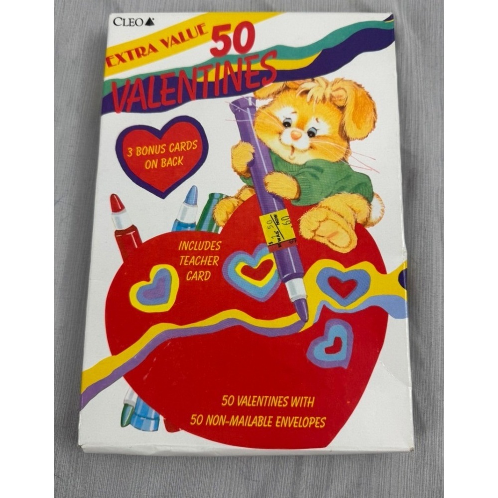 Cleo Vintage 50 Valentines Box Set 350-6017 50ct Retro School Cards Envelopes